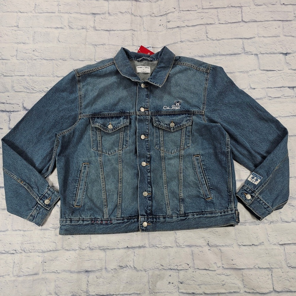 Old Navy Disney Denim Jacket Women XXL Blue Mickey Mouse Oh Boy Flag Americana